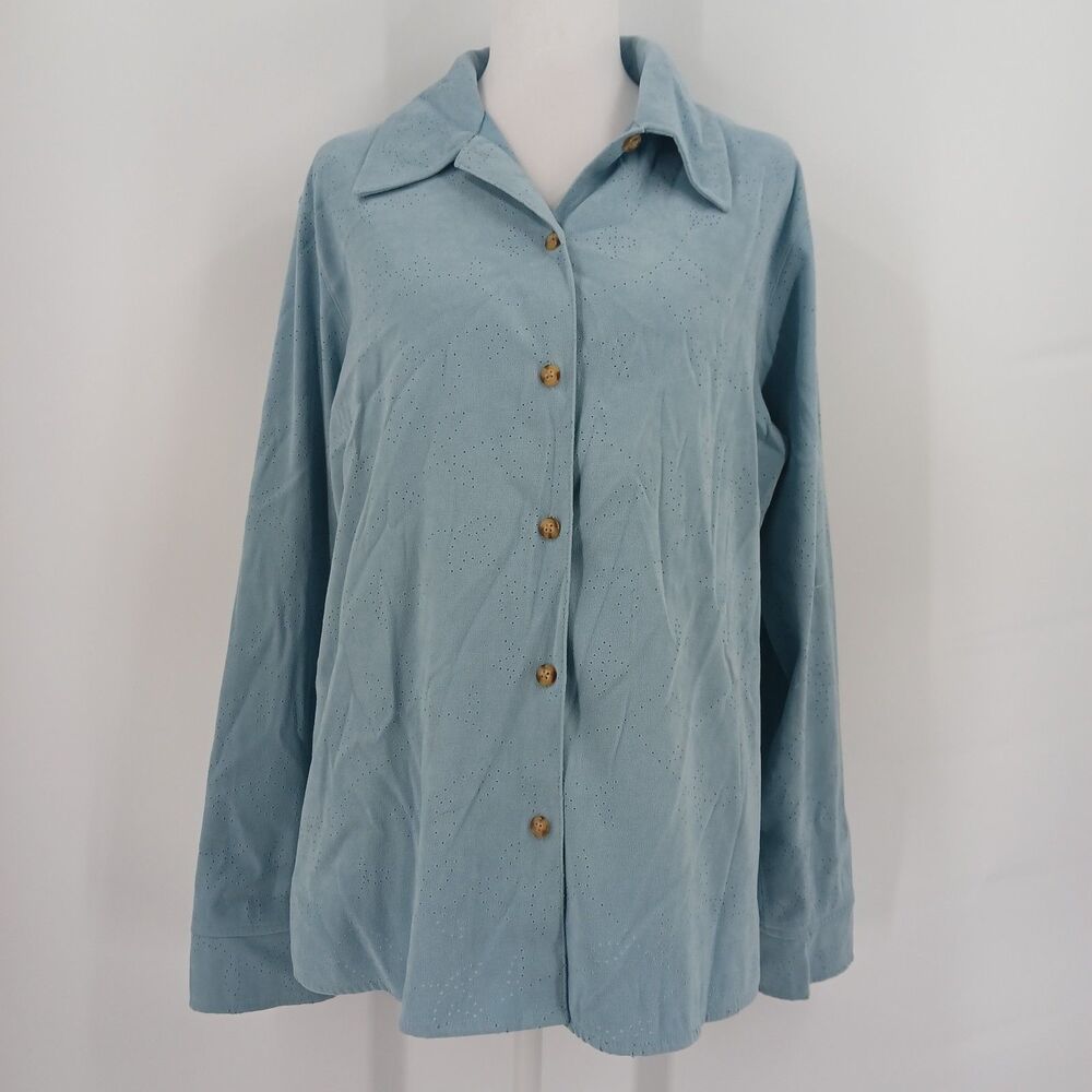Vintage Classic Elements Blue Faux Suede Button Front Long Sleeve Top Size Large